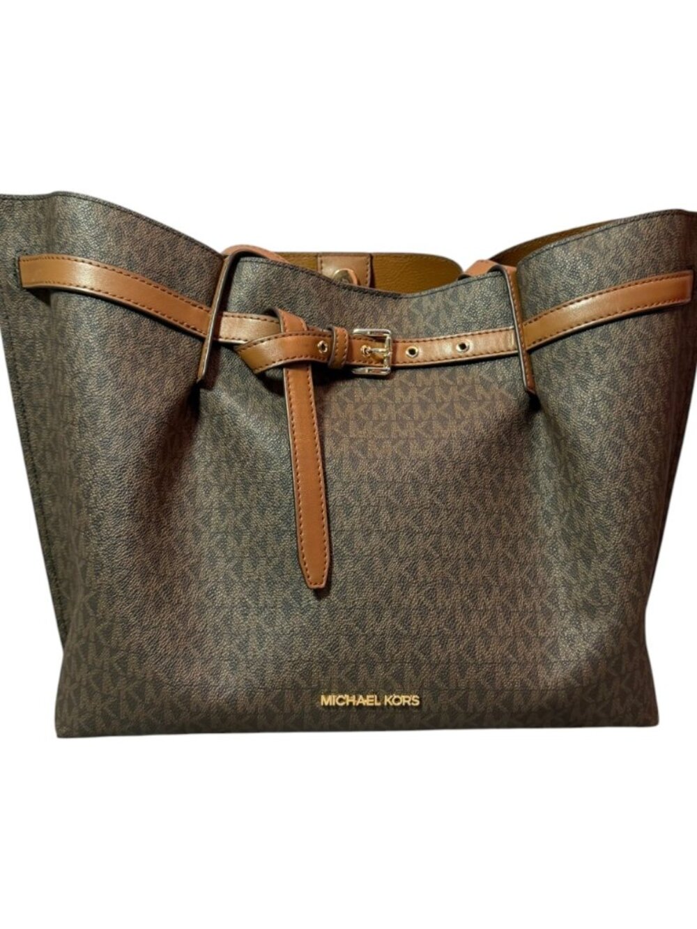 Michael Kors Emilia Large Signature Logo Belted Tote Brown Acorn NWT